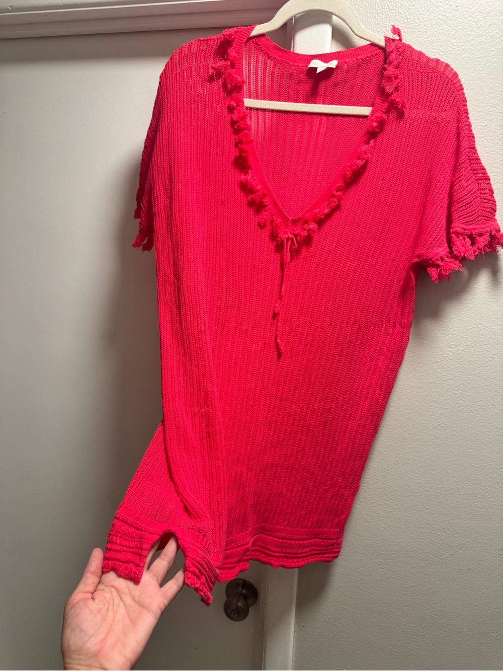 Minnie Rose Red Open Knit Cotton Top Size M Fringe Trim